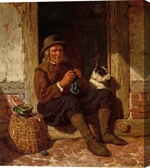 Rudolf Jordan A Man Seated in a Doorway Knitting with His Dog Stretched Canvas Painting / Canvas Art