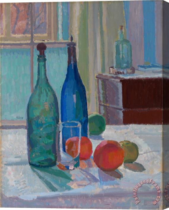 Spencer Frederick Gore Blue And Green Bottles And Oranges Stretched Canvas Painting / Canvas Art
