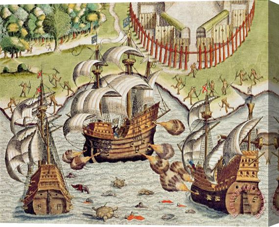 Theodore de Bry Naval Battle between the Portuguese and French in the Seas off the Potiguaran Territories Stretched Canvas Painting / Canvas Art
