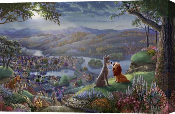 Thomas Kinkade Disney Lady And The Tramp Falling in Love Stretched Canvas Print / Canvas Art