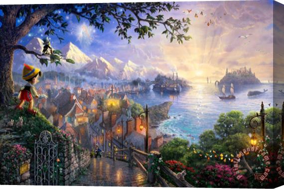 Thomas Kinkade Pinocchio Wishes Upon a Star Stretched Canvas Painting / Canvas Art