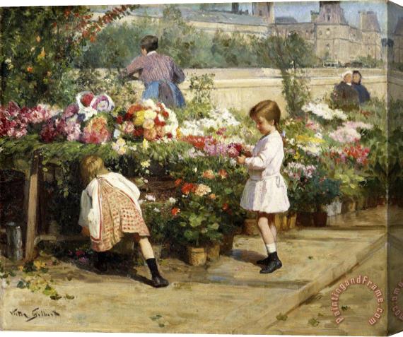 Victor Gabriel Gilbert The Flower Market by The Seine Stretched Canvas Print / Canvas Art