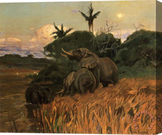 Wilhelm Kuhnert A Herd of Elephants by Moonlight Stretched Canvas Painting / Canvas Art