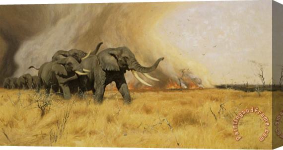 Wilhelm Kuhnert Elephants Moving Before a Veldt Fire Stretched Canvas Painting / Canvas Art