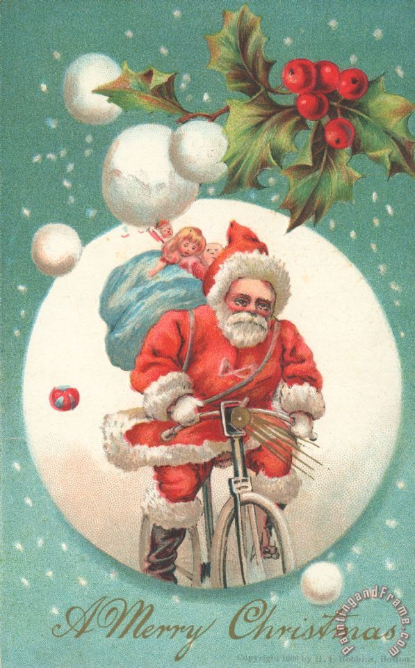 American School American Christmas Card With A Cycling Father Christmas With His Sack Of Gifts Painting American Christmas Card With A Cycling