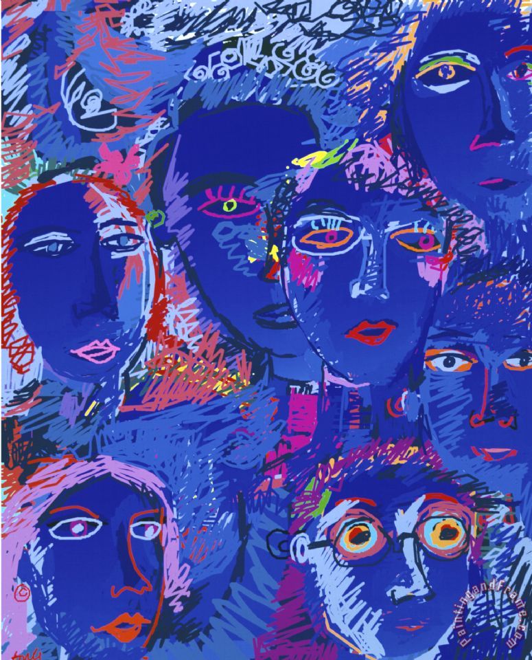 Diana Ong Blue Faces Painting Blue Faces Print For Sale