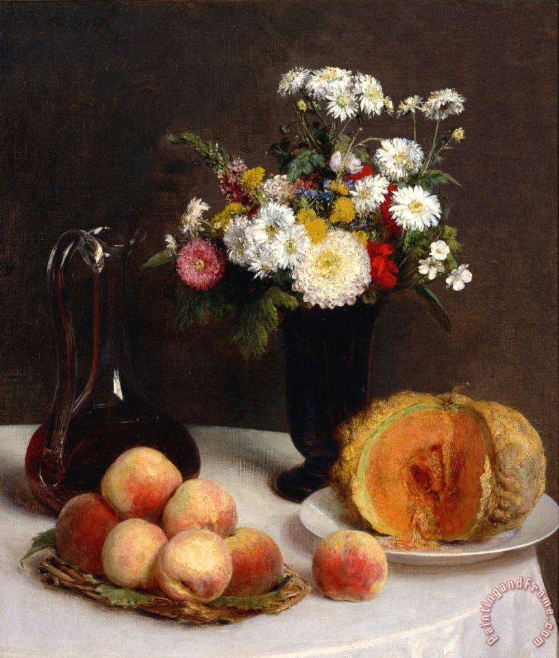 Henri Fantin Latour Still Life with a Carafe, Flowers And Fruit