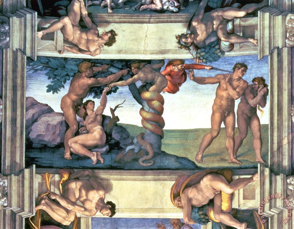 Michelangelo Buonarroti Sistine Chapel Ceiling The Fall Of Man And The Expulsion From The Garden Of Eden Framed Painting By Michelangelo Buonarroti