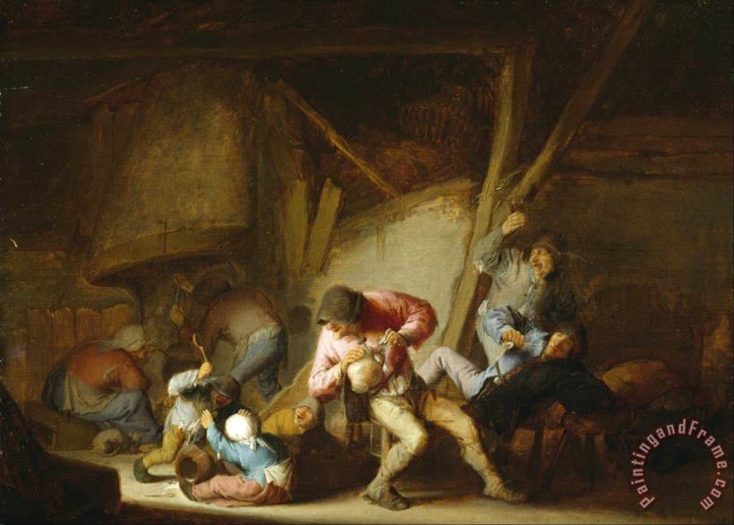 Adriaen Van Ostade Interior with Drinking Figures And Crying Children Art Painting