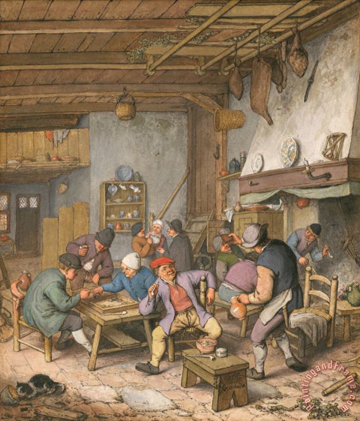 Adriaen Van Ostade Room in an Inn with Peasants Drinking, Smoking And Playing Backgam, 1678 Art Painting
