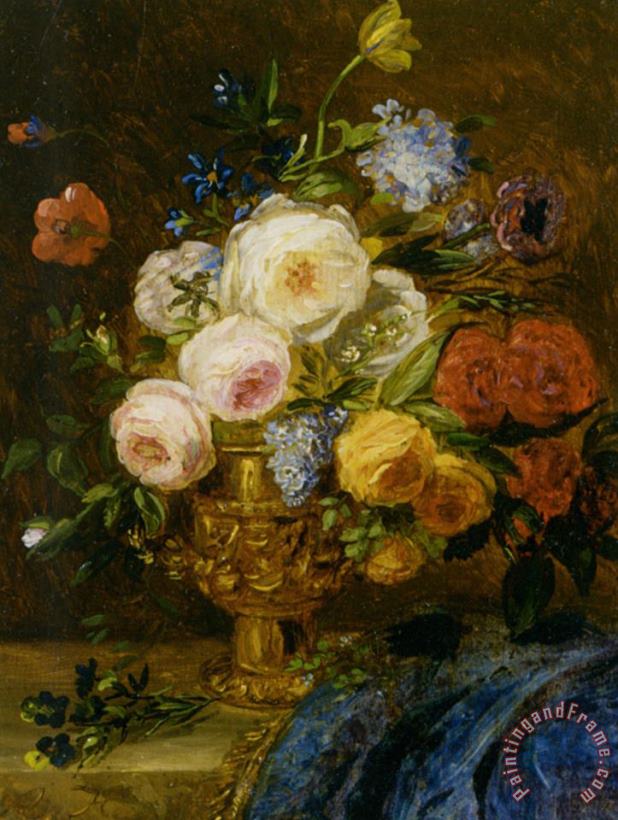 A Still Life with Flowers in a Golden Vase painting - Adriana Johanna Haanen A Still Life with Flowers in a Golden Vase Art Print