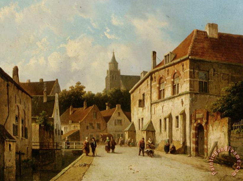 Adrianus Eversen Figures Along a Canal in a Dutch Town Art Painting