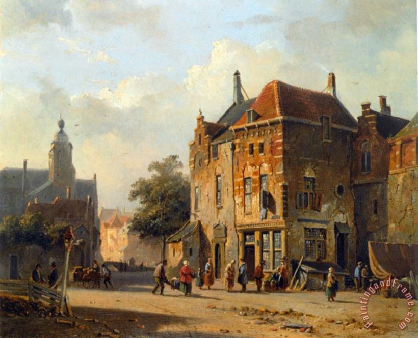 Adrianus Eversen Figures in The Streets of a Dutch Town Art Painting