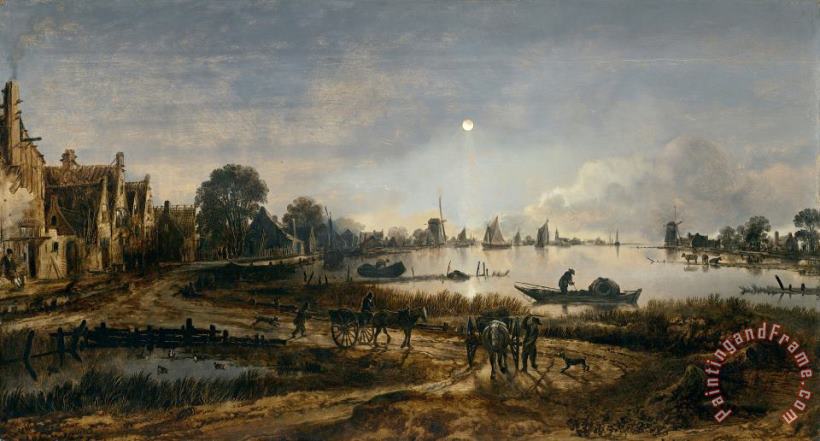 River View by Moonlight painting - Aert van der Neer River View by Moonlight Art Print