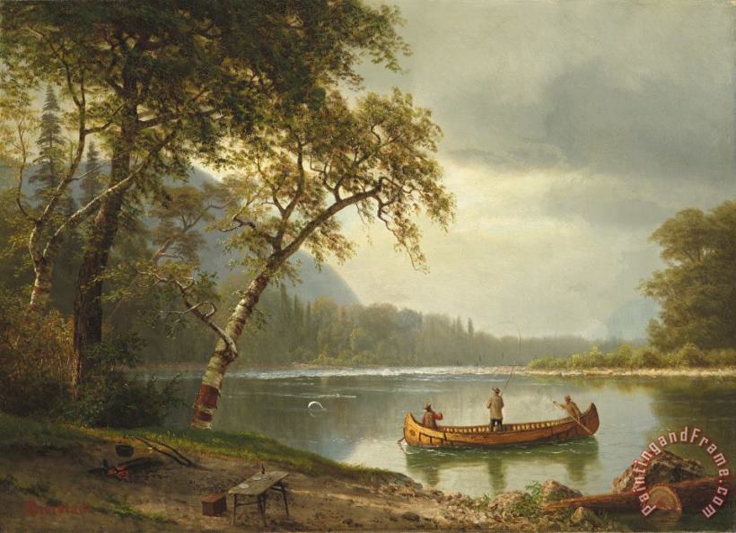 Salmon fishing on the Caspapediac River painting - Albert Bierstadt Salmon fishing on the Caspapediac River Art Print