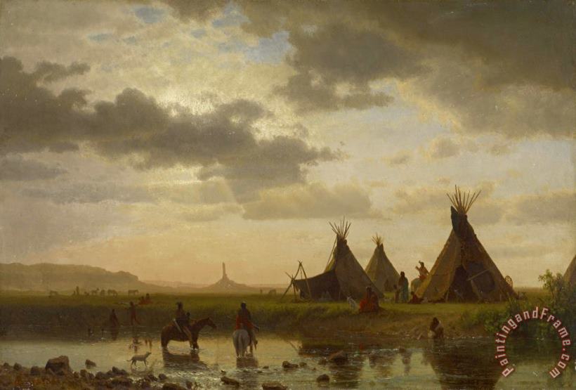 View of Chimney Rock, Ohalilah Sioux Village in The Foreground, 1860 painting - Albert Bierstadt View of Chimney Rock, Ohalilah Sioux Village in The Foreground, 1860 Art Print