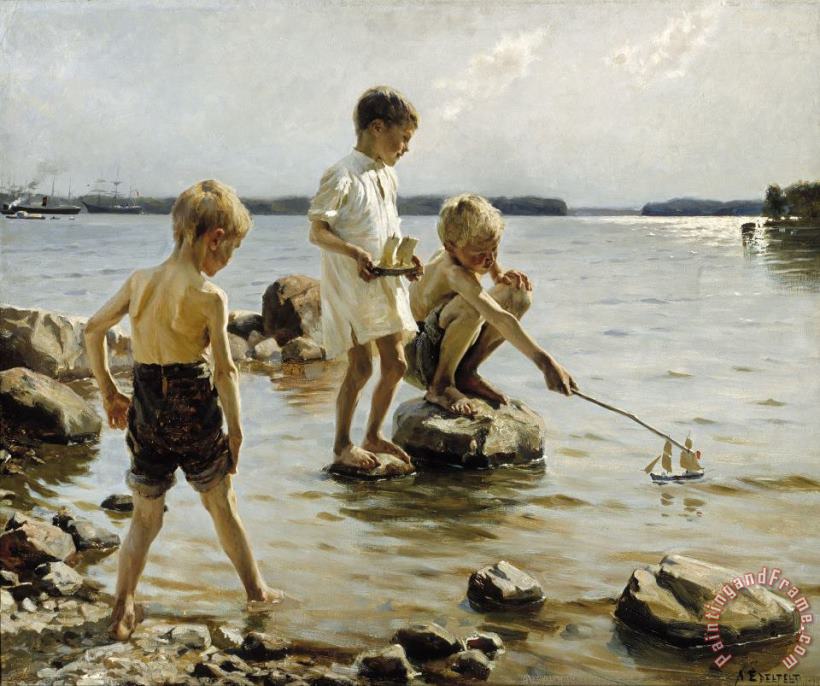 Boys Playing on The Shore painting - Albert Edelfelt Boys Playing on The Shore Art Print