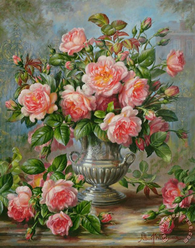 Albert Williams English Elegance Roses in a Silver Vase Art Print