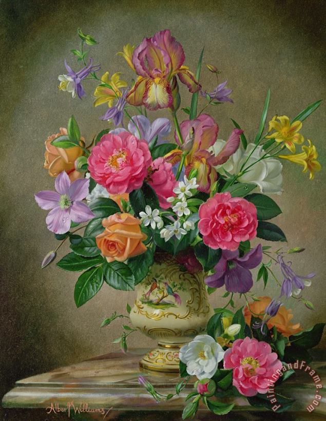 Peonies And Irises In A Ceramic Vase painting - Albert Williams Peonies And Irises In A Ceramic Vase Art Print