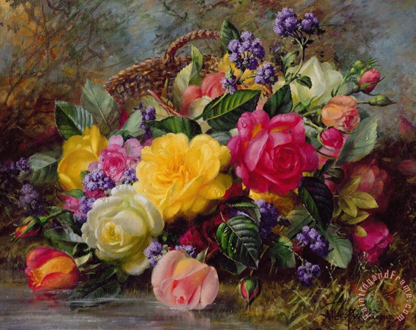 Albert Williams Roses by a Pond on a Grassy Bank Art Painting