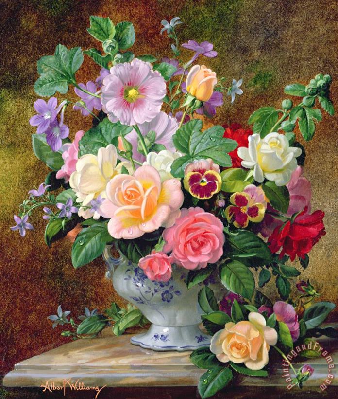 Albert Williams Roses Pansies And Other Flowers In A Vase Art Painting