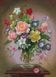 Albert Williams Roses Peonies And Freesias In A Glass Vase