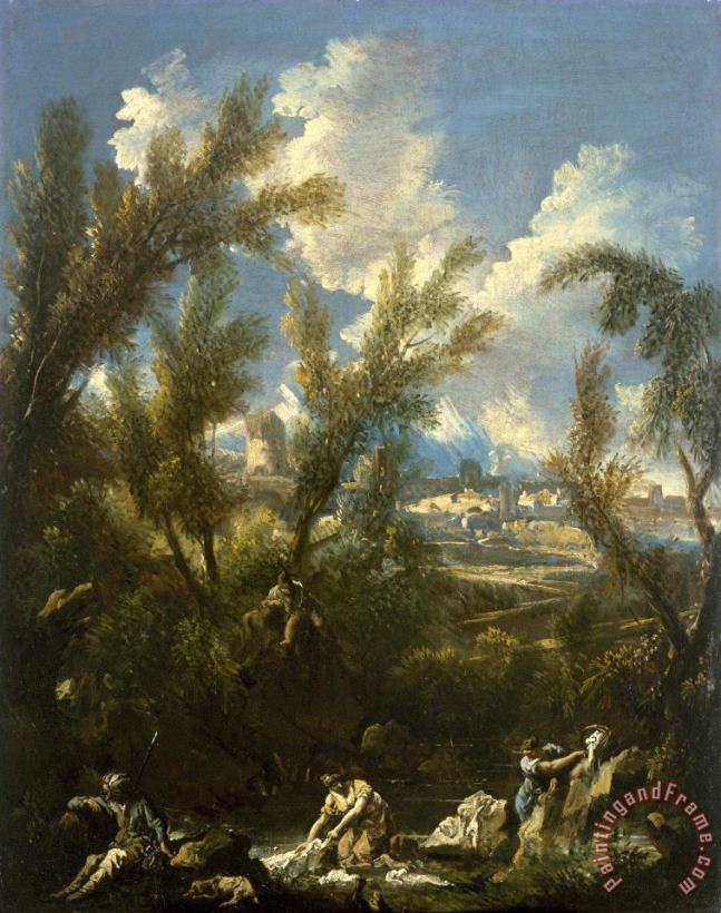 Landscape with Washerwoman painting - Alessandro Magnasco Landscape with Washerwoman Art Print