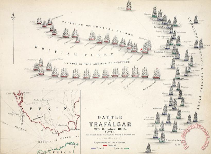 Alexander Keith Johnson Map Of The Battle Of Trafalgar Art Painting