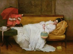 Alfred Emile Stevens  Girl in a white dress resting on a sofa