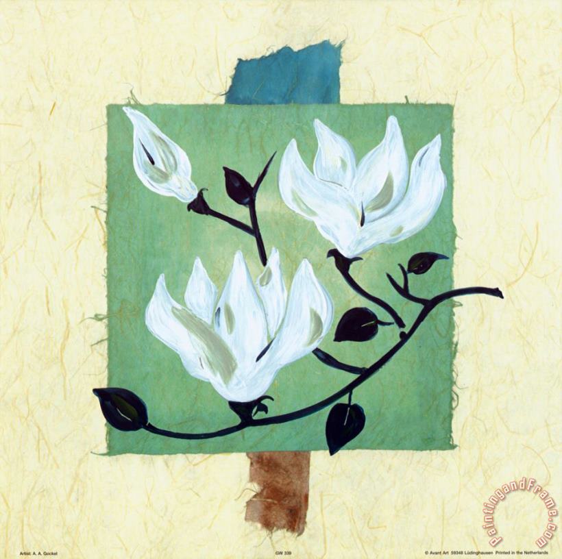 Magnolias on Greenbeige Papyrus painting - alfred gockel Magnolias on Greenbeige Papyrus Art Print