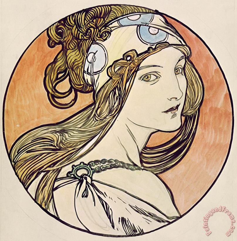 Alphonse Marie Mucha Alphonse Marie Mucha Woman with a Headscarf W C on Paper Art Painting
