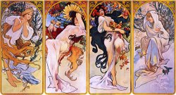 Alphonse Marie Mucha Cropped Print of Four Panels Each Depicting One of The Four Seasons Personified by a Woman