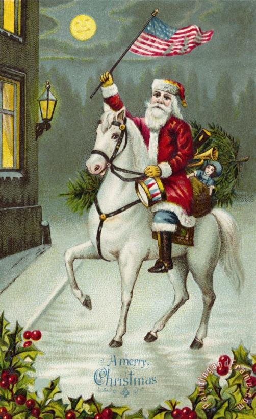 A Merry Christmas card of Santa Riding a White Horse painting - American School A Merry Christmas card of Santa Riding a White Horse Art Print