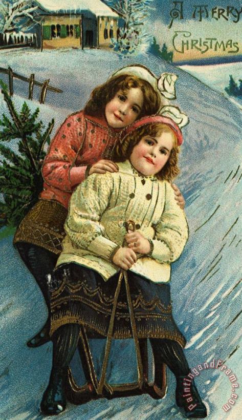 American School A Merry Christmas Postcard with Sledding Girls Art Painting
