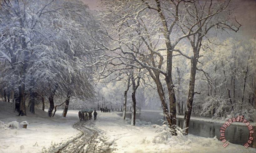 A Winter Landscape with Horses And Carts by a River painting - Anders Andersen-Lundby A Winter Landscape with Horses And Carts by a River Art Print
