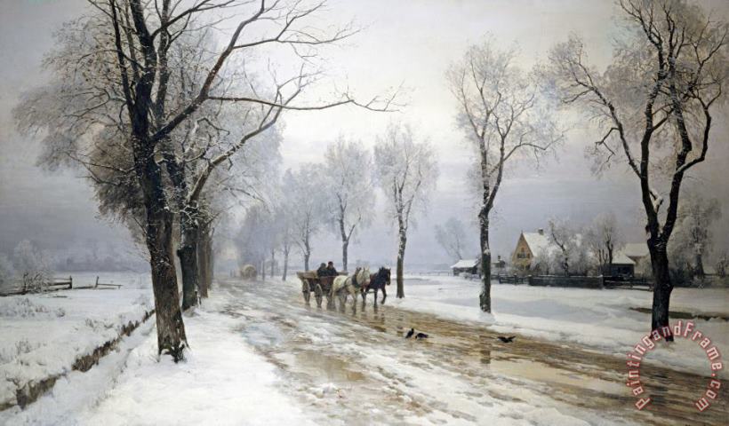 Anders Andersen-Lundby An Extensive Winter Landscape with a Horse And Cart Art Painting