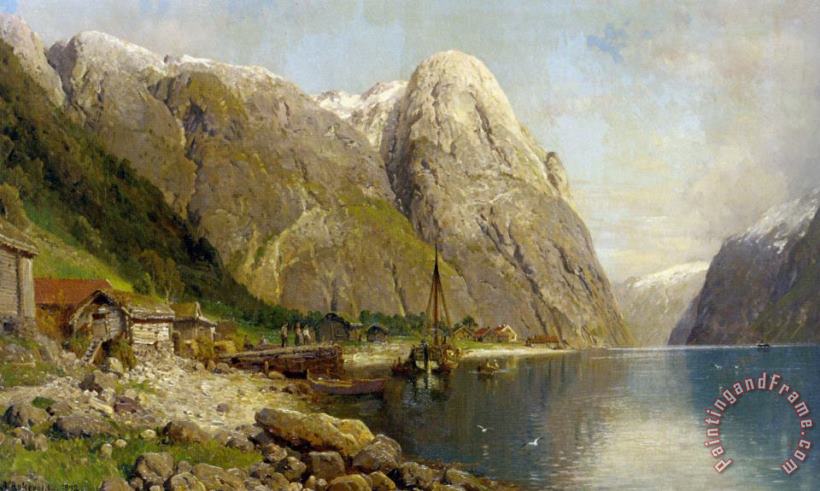 A Village by a Fjord painting - Anders Monsen Askevold A Village by a Fjord Art Print