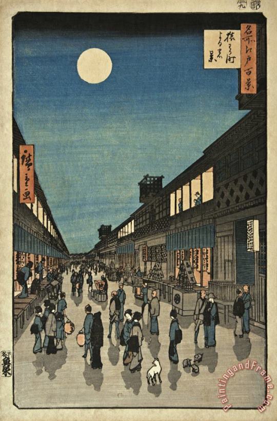 100 Famous Views of Edo, Night View Saruwaka Street painting - Ando Hiroshige 100 Famous Views of Edo, Night View Saruwaka Street Art Print