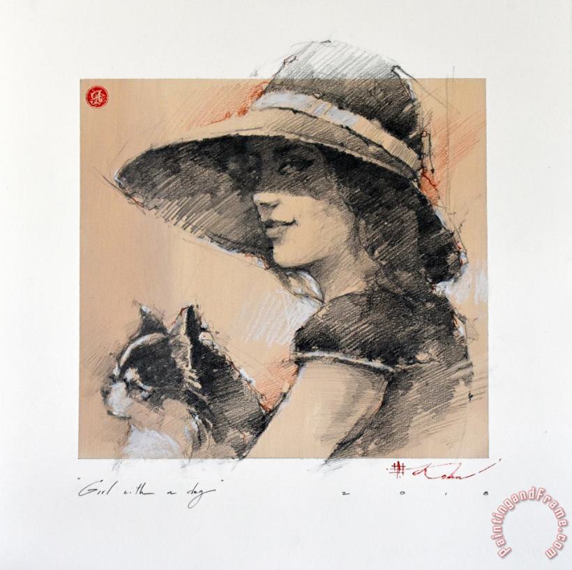 Girl with a Dog, 2018 painting - Andre Kohn Girl with a Dog, 2018 Art Print