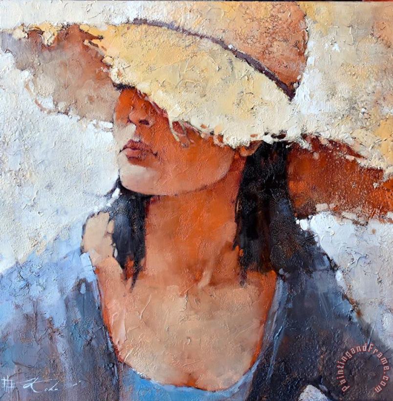 The Girl with a Straw Hat painting - Andre Kohn The Girl with a Straw Hat Art Print