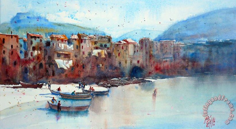 Fishing boats on the beach of Cefalu painting - Andre Mehu Fishing boats on the beach of Cefalu Art Print