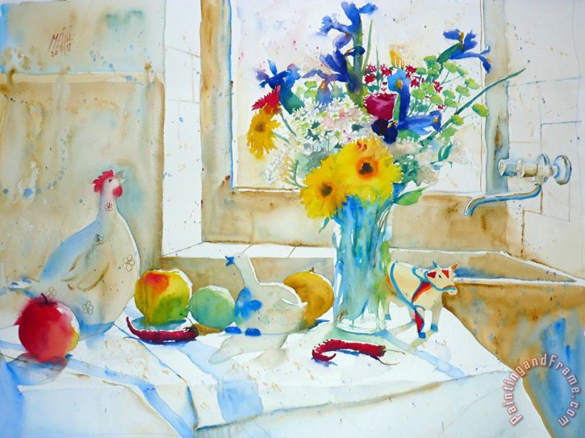 Iris and white hen painting - Andre Mehu Iris and white hen Art Print