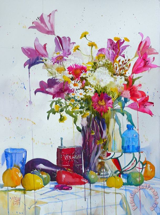 Andre Mehu Lilies and piggy bank Art Painting