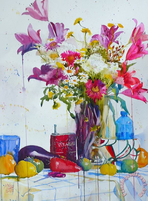 Andre Mehu Lilies and piggy bank Art Painting