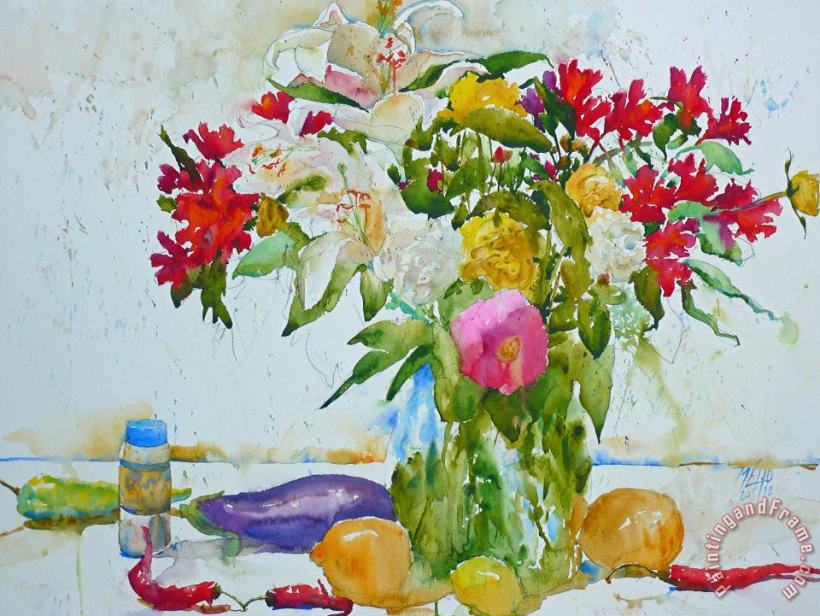 Andre Mehu Lilies and red peppers Art Print