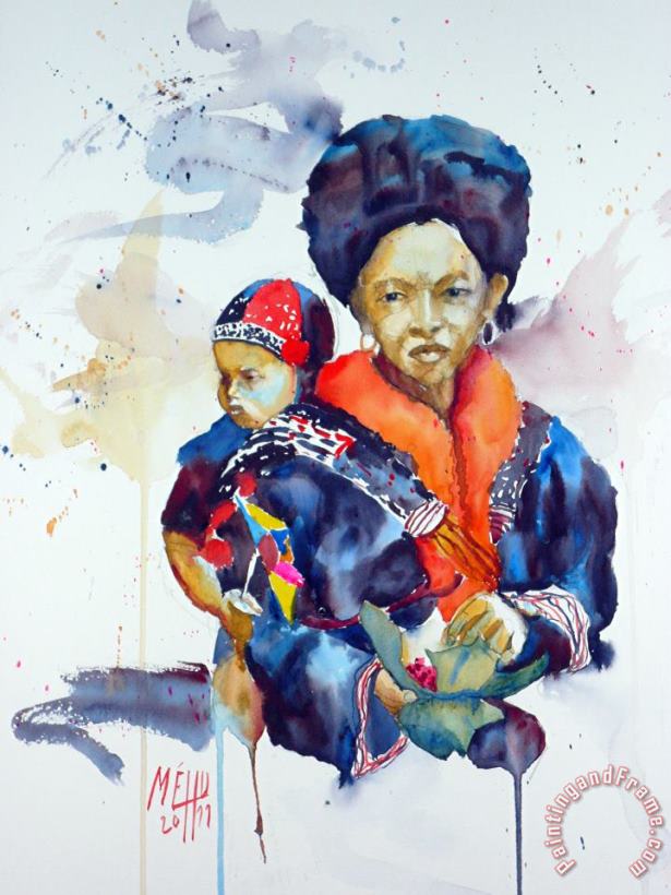 Yao woman with her child painting - Andre Mehu Yao woman with her child Art Print