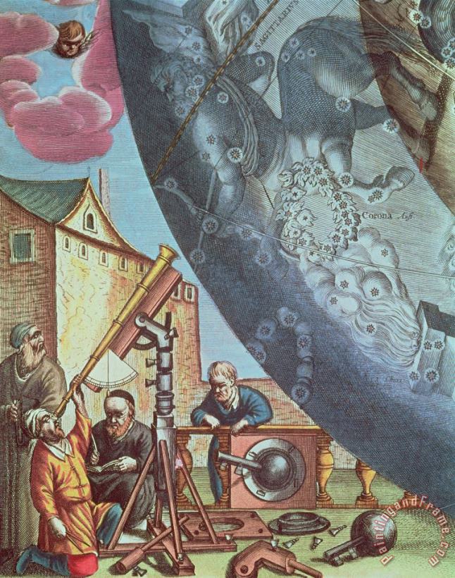 Astronomers looking through a telescope painting - Andreas Cellarius Astronomers looking through a telescope Art Print