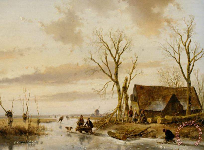 A Winter Landscape with Skaters on a Frozen River painting - Andreas Schelfhout A Winter Landscape with Skaters on a Frozen River Art Print