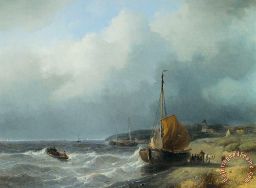 Fisherfolk by a Beached Bomschuit painting - Andreas Schelfhout Fisherfolk by a Beached Bomschuit Art Print