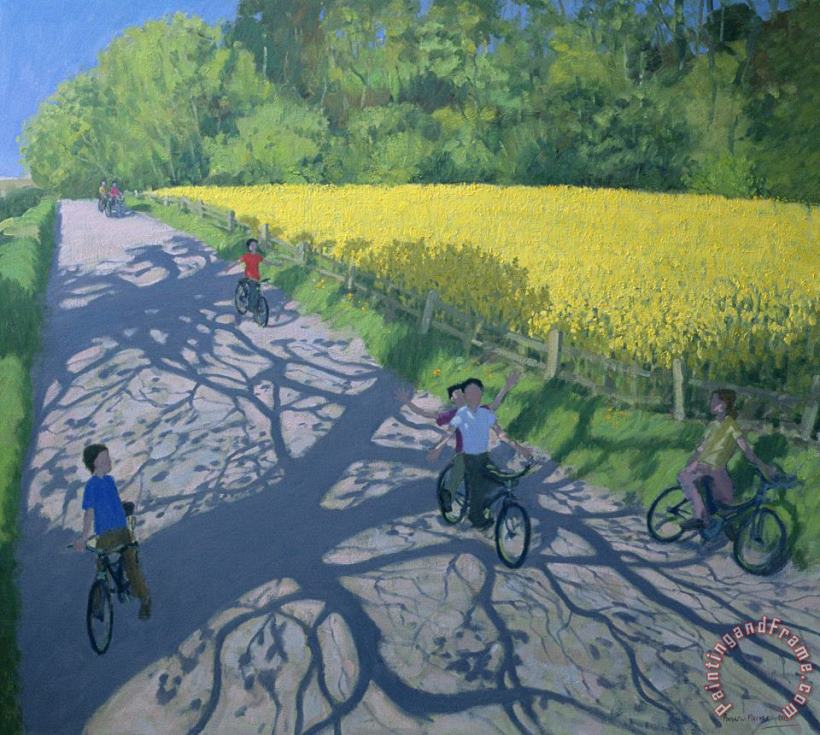 Cyclists and Yellow Field painting - Andrew Macara Cyclists and Yellow Field Art Print
